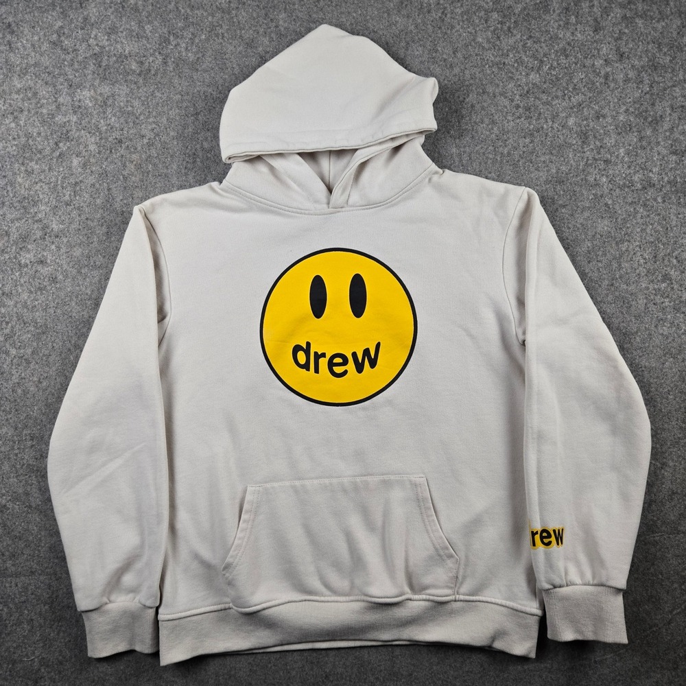 Drew House Mascot Hoodie Mens Large Cream Smiley Face Graphic Justin Bieber